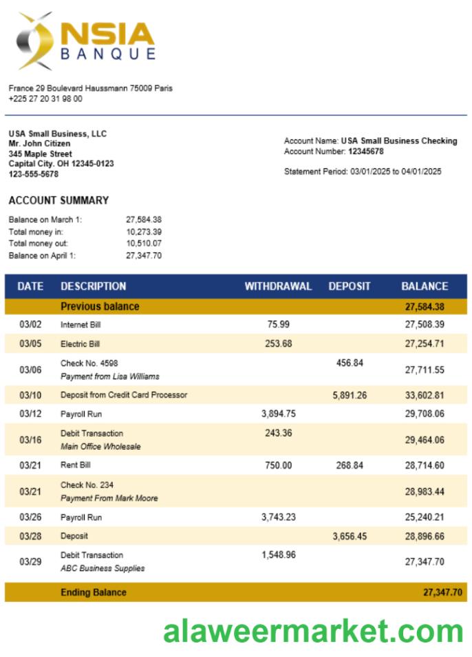 NSIA Banque business bank statement Word and PDF format